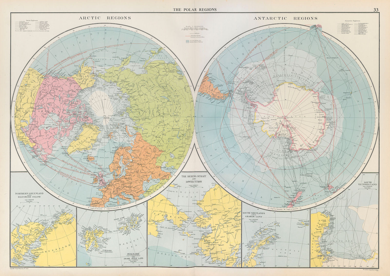 Polar Regions. Arctic/Antarctic sea chart. Steamer routes. LARGE 1952 old map